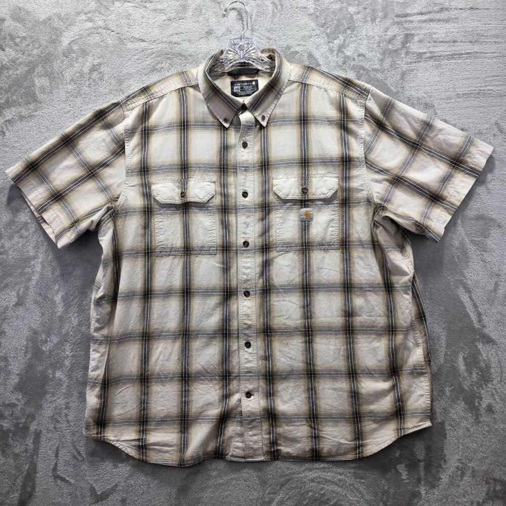 Carhartt Shirt Mens 2XL Beige Brown Plaid Loose Fit Button Up Workwear Casual